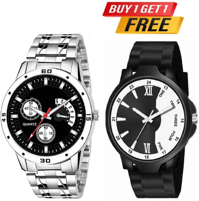 HC HARMI CREATIVE With Gift Trading PU Rubber Belt Watch Combo Pack OF 2 Analog Watch - For Men HC HARMI CRTEATIVE Buy 1 Get 1 free Analogue Black Dial Stainless Steel Chain Analog Watch  - For Men