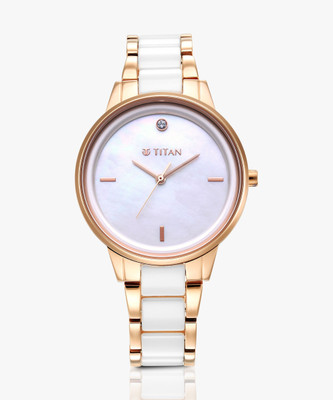Titan Purple Ceramic Titan White MOP Dial RoseGold Steel & White Ceramic Strap Analog Watch  - For Women