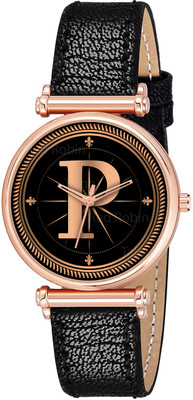 Natrix ALPHA-P-RLX-RG-BLK-L Fancy Design Stylish ALPHABET P Dial Black Leather Strap Women Wrist Watch Analog Watch  - For Girls