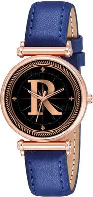 PS ENTERISES ALPHA-R-RLX-RG-BLU-L Fancy Design Stylish ALPHABET R Dial Blue Leather Strap Women Wrist Watch Analog Watch  - For Women