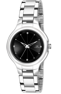 IIK Collection Fashionable Stone Studded Formal Black Dial with Silver Metallic Bracelet Strap Analog Watch  - For Women