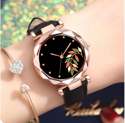 Alkhwatches Stylish Colorful Black leaf Design Dial Black Leather belt watch for girl&women Analog Watch  - For Girls