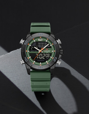 NAVIFORCE Bold Black Case Paired With a Tactical Olive Green Strap And Dial Accents Analog-Digital Watch  - For Men
