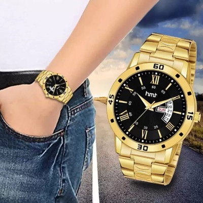 Hmrt Day Date Functioning Black Dial Golden Chain Analog Watch  - For Men