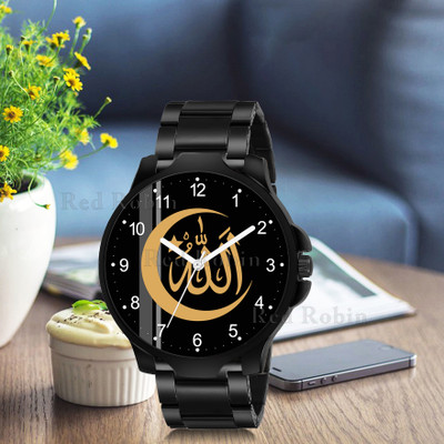Red Robin IW006-NUM-3K-BLK-CDBLK ISLAMIC Allah Chand Design Round Dial Black Silicone Strap Muslim Analog Watch  - For Men