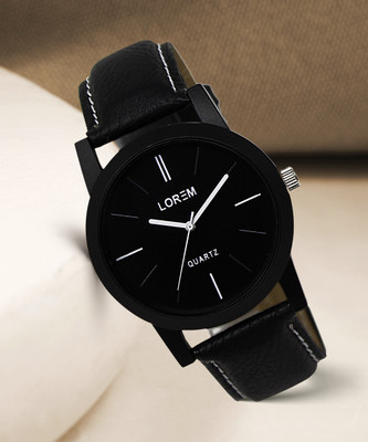 LOREM Black-Round Professional Plain Leather Analog Watch  - For Men