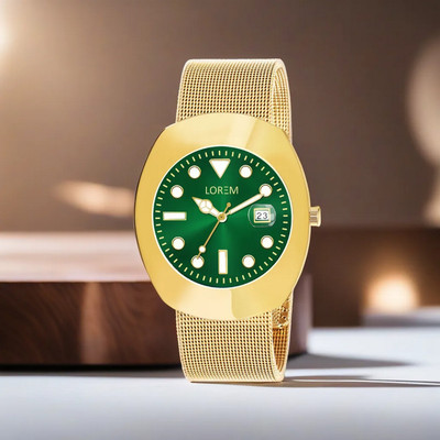 LOREM LR140 Slim Green Dial Golden Stainless Steel Mesh Strap Premium Analog Watch  - For Men