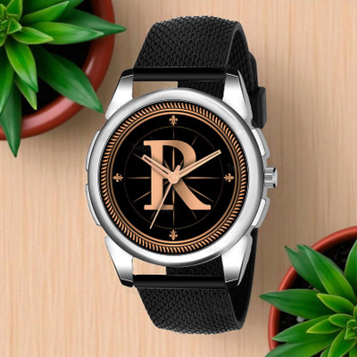 Krolexe ALPHA-R-J16-SIL-BLK-SFR Fancy Design Stylish ALPHABET R Dial Black Leather Strap Men Wrist Watch Analog Watch  - For Men