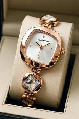 Americanviber AV0027 Square Dail Bracelet Lock Stone Studded Rose Gold Premium Finish All Occasions Analog Watch  - For Women