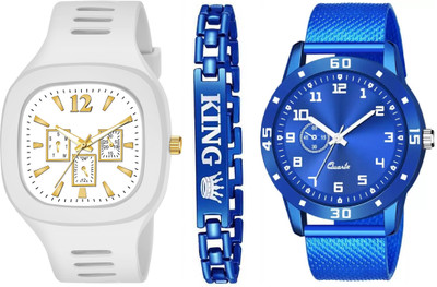 Shivark New Designer Set of 3 White & Blue Dial Watch And 1 bracelet For Boys Analog Watch  - For Men