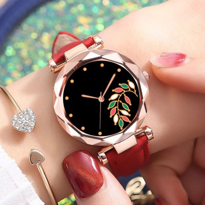 house of common Stylish Colorful Black leaf Design Dial Red Leather belt watch for girl & women Analog Watch  - For Girls