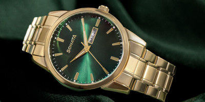 SONATA Sonata 2 Quartz with Day and Date Green Dial Golden Stainless Steel Strap Analog Watch  - For Men