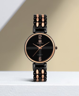 IIK Collection IIK-1081W Women Watches Round Black Studded Dial with Black & RoseGold Bracelet Strap Analog Watch  - For Women