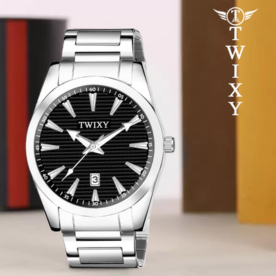 TWIXY TY-1853 TWIXY Swiss Seamaster Date Functioning Black Dial & Self Adjustable Steel Belt Analog Watch  - For Men