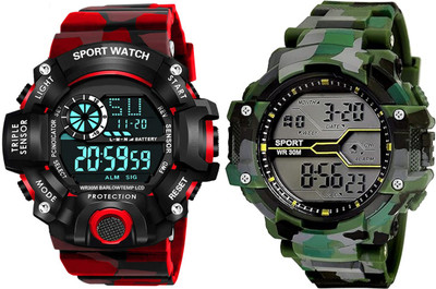 The Shopoholic Digital Red Army Belt Multi-functional Day Date Month With Night Digital Watch  - For Men