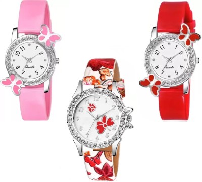 Shivark New Combo Of 3 Pink Red Leather And Silicone Strap Analog Watch  - For Girls