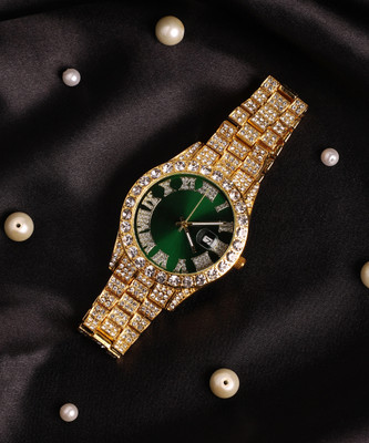 Haute Sauce Embellished Green Round Dial With Gold Metal Strap Analog Watch  - For Women