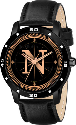 Red Robin ALPHA-N-AVO-BLK-L Fancy Design Stylish ALPHABET N Dial Black Leather Strap Men Wrist Watch Analog Watch  - For Boys