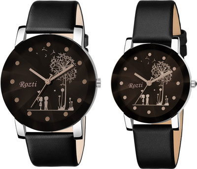 Rozti Rozti Lover’s Female Watch Black Colour Leather Belt Set of 2 Analog Watch  - For Couple