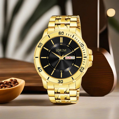 LOREM LR132 Premium Collection Black Day-Date Function Round Metal Strap Casual Analog Watch  - For Men