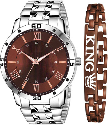 SHURAI brown color dial silver chain strap wt display Black Dial Adjustable Stainless Steel Watch and King Bracelet Analog Watch  - For Men