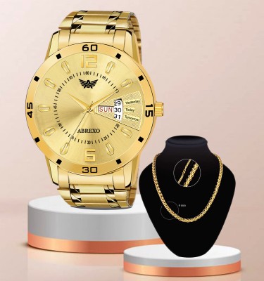 ABREXO Abx1220-GD Gold Day & Date Working Watch Day & Date Working Wrist Watch With Golden Neck Chain Exclusive Combo for Boys Analog Watch  - For Men