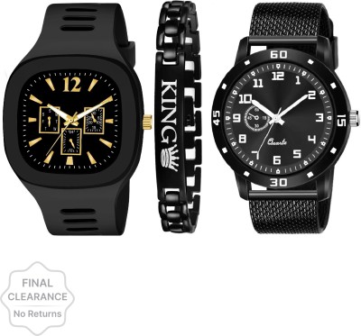 Shivark New Designer Set of 3 Black Dial Watch And 1 bracelet For Boys Analog Watch  - For Men
