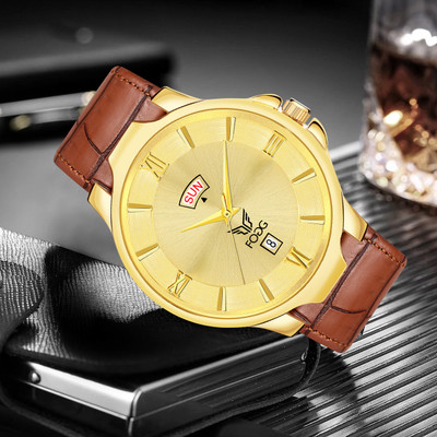 FOGG 1213-Gold Day and Date Ion Gold Platted Analog Watch  - For Men