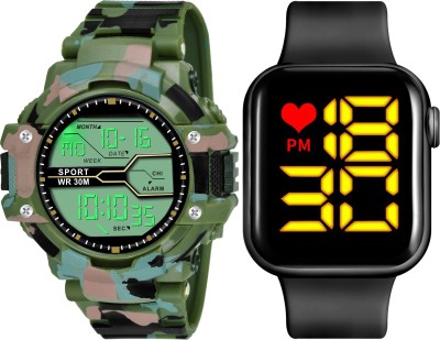 Brostin BROSTIN-022 Combo Smart Square Led Big Green Dial & Camouflage Silicone Strap Pack Of 2 Digital Watch  - For Boys