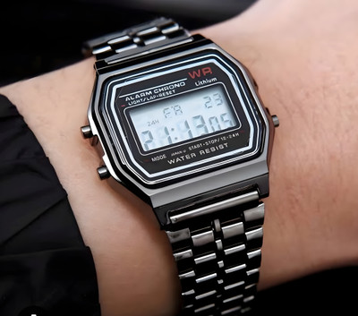 Timofy Black Digital Watch Waterproof Stopwatch Alarm Stainless Strap Trendy Chain Strap Series Digital Watch  - For Men & Women