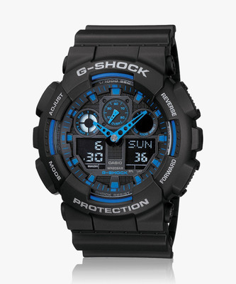 CASIO GA-100-1A2DR G-SHOCK GA-100-1A2NDR Black-Blue Dial Black Resin Strap Analog-Digital Watch  - For Men