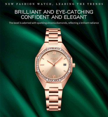 Alix AL2531 Rosegold Octagonal case with dIamond studded dial & stainless steel strap Analog Watch  - For Women