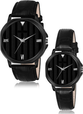 Morli ML_CPL_13_25 Elegant Black Stripped Dial with Leather Belt Men & Women Analog Watch  - For Couple