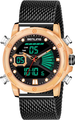 Benling BL-1038-GLD-BLK Ana-Digital Watch EL Luminous Backlight Day Date Month Display Alarm Stopwatch Milanese Mesh Band for Sports Formal Casual Purpose Analog-Digital Watch  - For Men