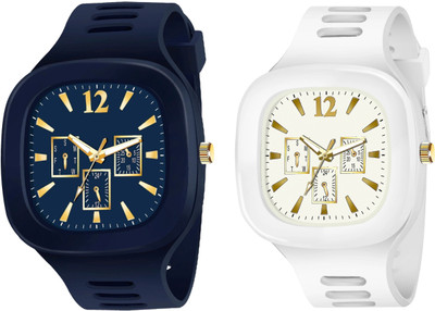 SHURAI white_blue_boys_mens_watch Men New Combo Of Black and White Square Dial with Silicone Strap Analog Watch  - For Boys