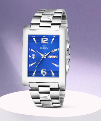 Aurex Elegant Blue Dial Square Shaped Day & Date Functioning Stainless Steel Bracelet Premium Watch for Men/Boys Analog-Digital Watch  - For Men