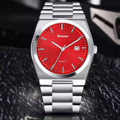 Spencher Sp5500 Sapphire Date Working Round Red Dial Silver Quartz Mechanism Watch For Boys Analog Watch  - For Men