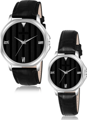 Morli ML_CPL_12_24 Elegant Black Stripped Dial with Leather Belt Men & Women Analog Watch  - For Couple