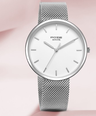 SONATA Poze White Dial Silver Strap Analog Watch  - For Women