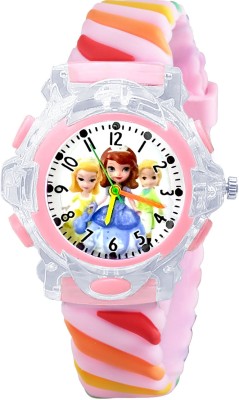 Time Up Cartoon Design New Arrival Glowing Light Cartoon Dial Rainbow Strap 3-10 years Small Kids Analog Watch  - For Girls