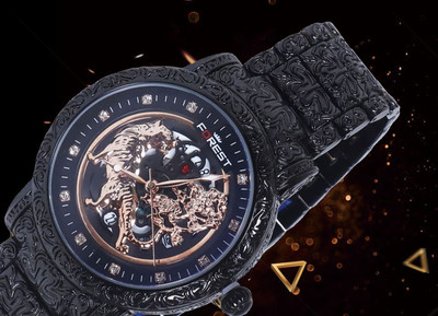Quano Forest Luxury Lion Curved Rose Gold Dial and Black Chain Men Wrist Watch Forest Luxury Lion Curved Rose Gold Dial and Black Chain Men Wrist Watch Analog Watch  - For Men