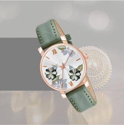 house of common Elegant Rose-Gold Floral Dial Watch with Soft Leather Strap & Butterfly Accents Analog Watch  - For Girls