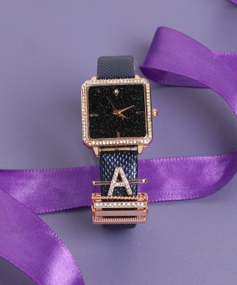 Haute Sauce Square Analog Watch With A Initial Watch Charm - Black Analog Watch  - For Women