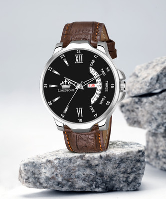 LIMESTONE Day and Date Functioning Steel New Unique Leather Strap All Boys Black Dial With Certified Warranty Quartz Mechanism Analog Watch  - For Men
