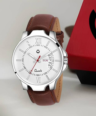 WIZARD TIMES Men's Watch Brown Leather Strap White Day & Date Dial Water Resistant Analog Watch  - For Men