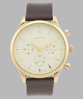 SONATA Sonata 2 Quartz Multifunction Golden Dial Brown Leather Strap Analog Watch  - For Men