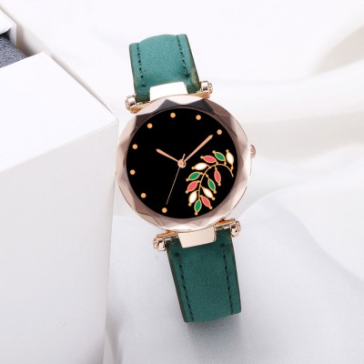 Alkhwatches Stylish Colorful Black leaf Design Dial Green Leather belt watch for girl&women Analog Watch  - For Girls