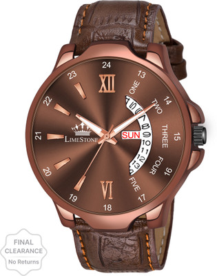 LIMESTONE Day & Date Functioning Brown Strap Brown Dial Water Resistant Quartz Operated Leather Strap Analog Watch  - For Men