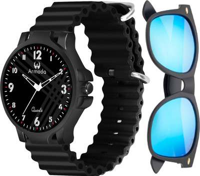ARMADO 1531-Black+Blue sunglass Comfortable Black Wrist watch with Blue sunglasses Ideal for Boys Analog Watch  - For Men