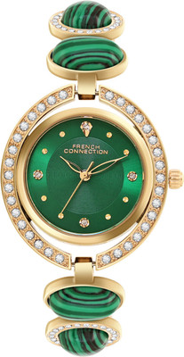 French Connection AURISTONE SUNRAY Green Round Dial With Gold With Green Stone Metal Strap Watch Analog Watch  - For Women